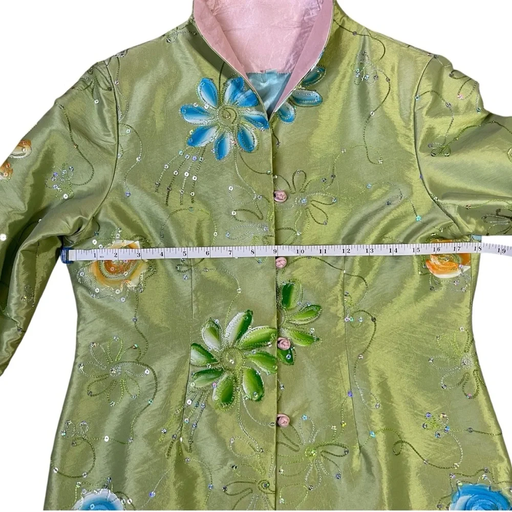 Art to wear Embroidered Floral Satin Jacket Beaded Mandarin Collar Pastel Green‎